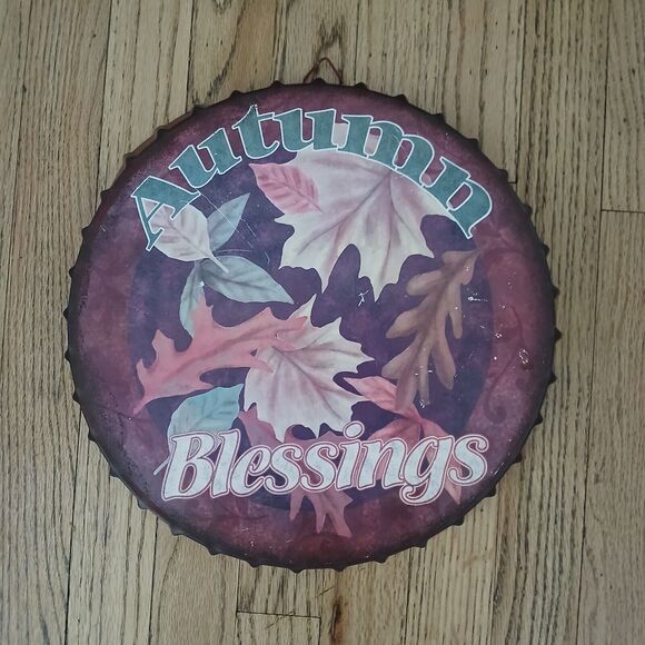 Autum Blessings 13" Metal Tin Bottle Cap Holiday Rustic Farmhouse Wall Sign - Picture 1 of 6